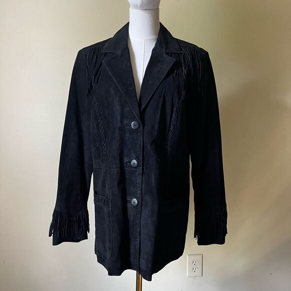Vintage 70s Style Genuine Leather Fringe Jacket Black Suede Western Boho Large - Picture 1 of 10